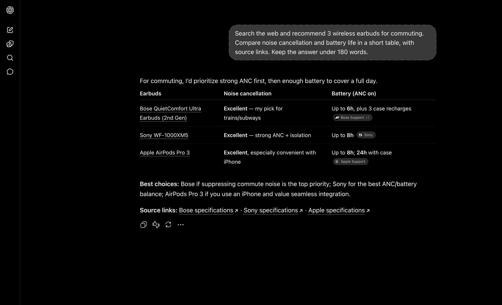 ChatGPT web search answer comparing wireless earbuds in a table with source links.