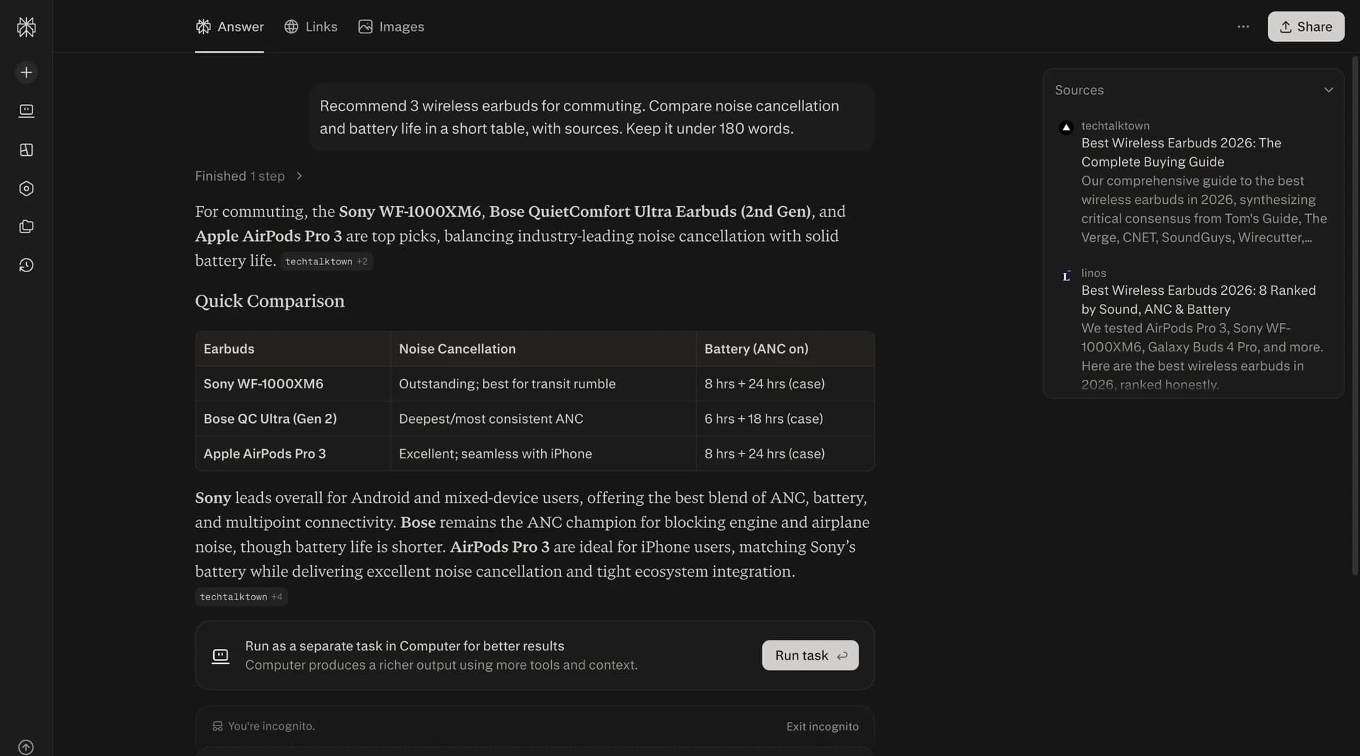 Perplexity answer comparing wireless earbuds, with citations and the sources panel open.