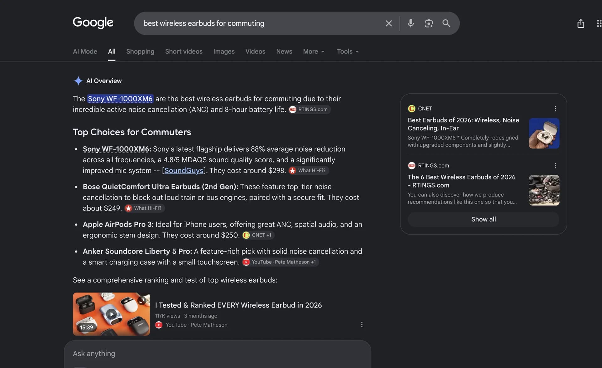 Google Search AI Overview with wireless earbud recommendations and supporting source cards.